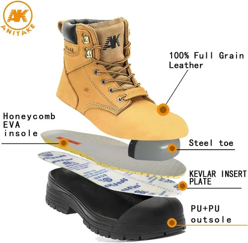 Miniatura 4 de Botas de trabajo con punta de acero para hombre, 6 pulgadas, cuero de grano completo, aislamiento eléctrico, antideslizantes, resistentes a