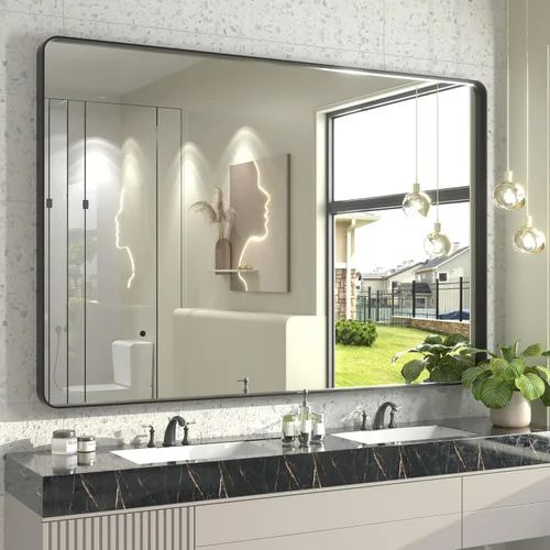 Miniatura 56 de Paquete de 2 espejos de baño con marco de metal negro de 22 x 30 pulgadas, espejo rectangular redondeado negro mate, antioxidante, se cuelga