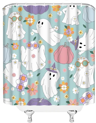 Miniatura 5 de Halloween Ghost Shower Curtain Spooky Cute 70s Retro Hippie Daisy Funny Bathroom Decor Curtain with Hooks,Blue White