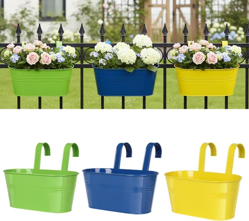 Miniatura 11 de Macetas de barandilla de metal para plantas al aire libre, 3 macetas colgantes de balcón con ganchos desmontables y agujeros de drenaje, macetas