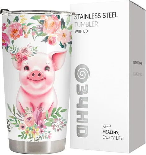 Miniatura 4 de 34HD Cute Pig - Vaso de 20 onzas con tapa, diseño de cerdo, de acero inoxidable, aislado al vacío, taza de café de viaje, regalo de cumpleaños