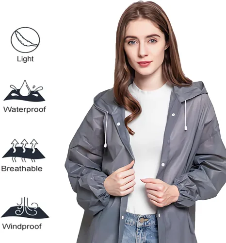 Miniatura 18 de Abrigos de lluvia (paquete de 2) – Ponchos de lluvia reutilizables de EVA para adultos, chaquetas impermeables para hombres y mujeres