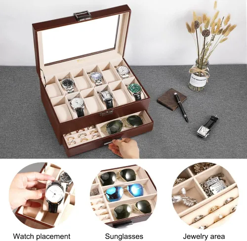 Miniatura 4 de Voova Joyero organizador de cajas de reloj para hombres y mujeres 2 capas grandes de 12 ranuras de piel sintética estuche de almacenamiento
