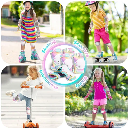 Miniatura 6 de SULIFEEL Rodilleras de arcoíris y unicornio para niños, coderas, muñequeras con bolsa de cordón, juego de equipo de protección ajustable para niñas