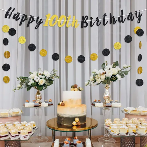 Miniatura 3 de Juego de decoración de cumpleaños número 100 – Cartel de feliz cumpleaños número 100 con puntos circulares de purpurina negra y dorada que saluda a