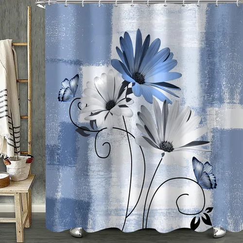Miniatura 5 de Cortina de ducha rústica de granja con margaritas azules, flores florales de mariposa, primavera, pintura al óleo, cortinas de baño, tela