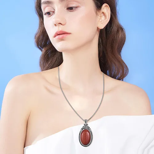 Miniatura 2 de VIJASHOP Collar ovalado de piedras preciosas de acero inoxidable, colgante vintage, piedras semipreciosas, regalo de joyería para mujeres y niñas