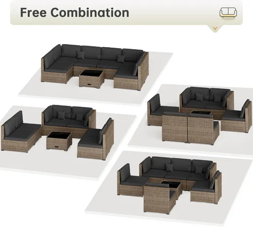 Miniatura 7 de LHBcraft Juego de muebles de patio de 7 piezas, seccionales para exteriores, tejido manual para todo tipo de clima, sofá seccional de mimbre de Ye-bk