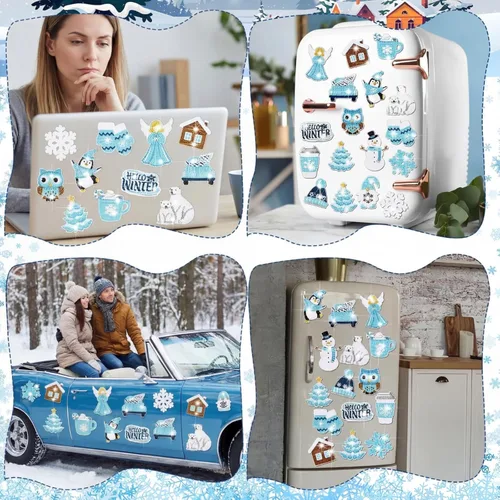 Miniatura 5 de Umigy 16 piezas de arte de diamantes de invierno 5D pingüino copo de nieve muñeco de nieve pintura de diamantes de imitación para nevera calcomanías