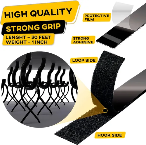 Miniatura 3 de Rollo de cinta de velcro con adhesivo resistente, resistencia industrial, fácil de cortar, tiras de gancho y bucle fuertes con parte trasera Negro