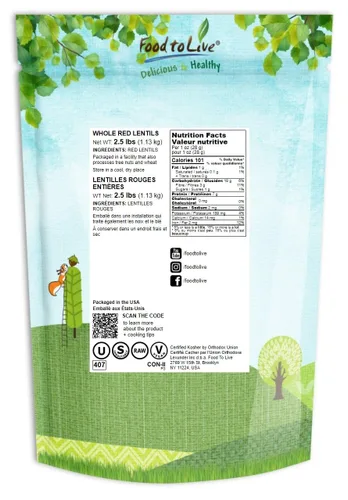Miniatura 2 de Food to Live - Lentejas rojas enteras, 2.5 libras - Lentejas crudas secas, germinables, veganas, kosher, a granel. Cocción rápida. Buena fuente