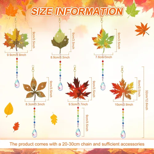 Miniatura 2 de Yeaqee Juego de 6 llaveros de arte de diamantes de otoño para adultos, hojas de arce, pintura de diamante, campanillas de viento de doble cara 5D