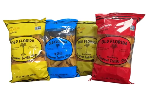 Old Florida Gourmet Chips de tortilla – Paquete variado de cuatro (4) – Incluye tortillas originales, sensación de lima, agradables y picantes y