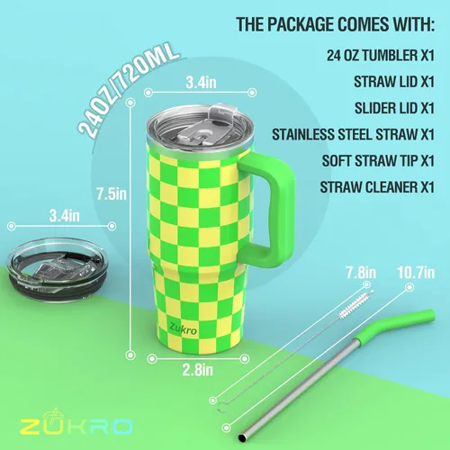 Miniatura 6 de Zukro Vaso de 24 onzas con asa y popote, 2 tapas, mantiene las bebidas frías 20 horas, calientes 6 horas, a prueba de fugas, taza de café de acero