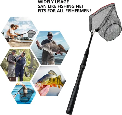 Miniatura 6 de SAN LIKE Red de pesca para peces Red de aterrizaje plegable con mango de poste de goma telescópico antideslizante para niños y adultos en agua