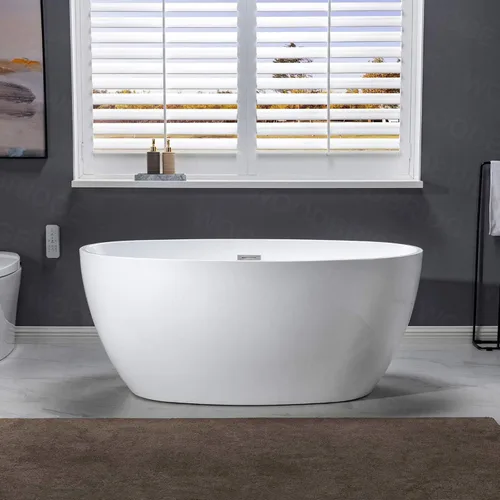 Miniatura 11 de WOODBRIDGE Bañera de acrílico independiente de 55 pulgadas, bañera blanca de remojo contemporáneo con desbordamiento y drenaje cromados, B1418