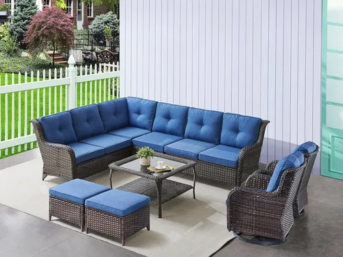Miniatura 38 de HUMMUH Sillas Mecedoras Giratorias de Mimbre para Patio Exterior con Respaldo Alto, Sillas Deslizantes de Ratán PE, Juego de Muebles de Patio de 4