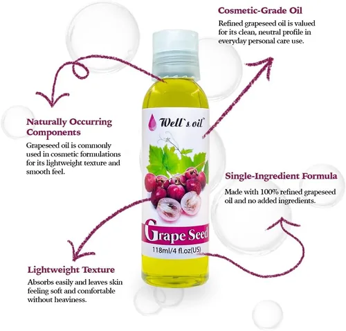 Miniatura 3 de Well's Oil Aceite de uva 4oz (4.0 fl oz) Totalmente natural Para cabello + piel + uñas Hidratante y piel sensible Refinado, prensado