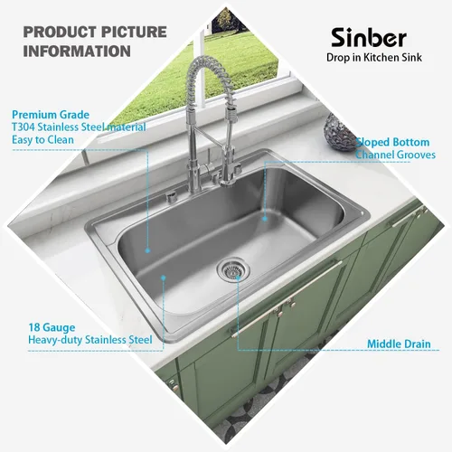 Miniatura 3 de Sinber MT3322C Fregadero de Cocina Empotrable de Un Solo Compartimento de 33" x 22" x 9" con Acero Inoxidable 304 Calibre 18 Acabado Satinado