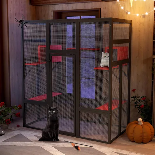 Miniatura 6 de Nyeekoy Refugio de gato al aire libre de madera grande de 71 pulgadas con perchas y condominios, casa para gatos con techo impermeable, refugio