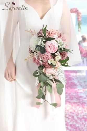 Miniatura 7 de Serwalin Ramos de boda de 9.8 pulgadas para novia y dama de honor, peonías rosa empolvado, ramos de flores de novia para boda, ramo de lanzamiento