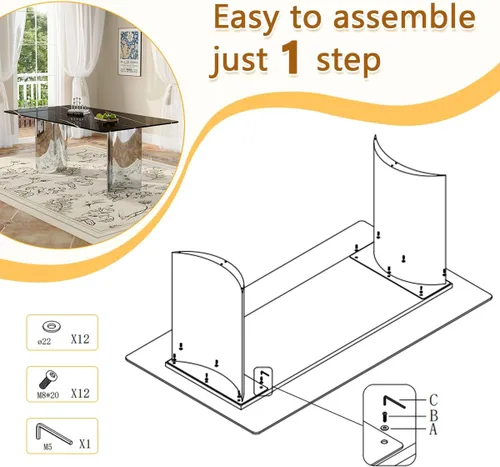 Miniatura 4 de Moderno juego de mesa de comedor para 6, 7 piezas, mesa rectangular de mármol sintético de 71 pulgadas con base de acero inoxidable plateado