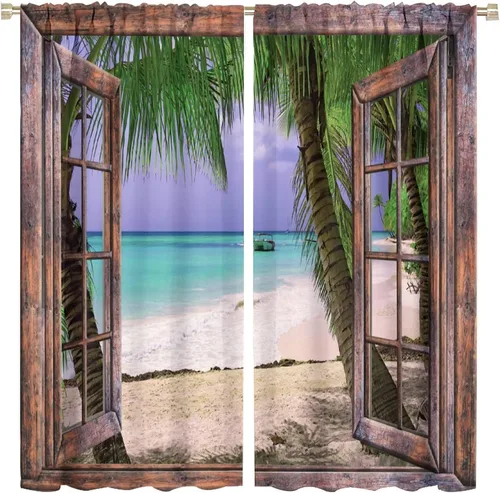 Miniatura 36 de Cortinas de paisaje, ventana tropical con vista al mar, océano, playa, barco, cortinas con estampado de palmeras para dormitorio, sala de estar, Mar