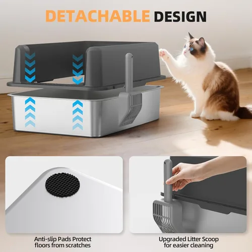 Miniatura 6 de WoofiGo Caja de arena cerrada de acero inoxidable para gatos con tapa, caja de arena extra grande XL para gatos grandes, bandeja de arena de metal