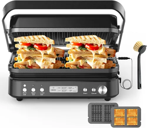 CATTLEMAN Plancha para Parrilla Panini Sandwichera con Placas Extraíbles, 1600W, Waflera 6 en 1 y Parrilla Eléctrica para Interiores con Termómetro