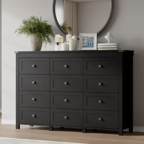 Miniatura 22 de BORNOON Cómoda de 9 cajones, moderna cómoda de almacenamiento de madera, soporte de TV, organizador de cajones de madera con asas de metal