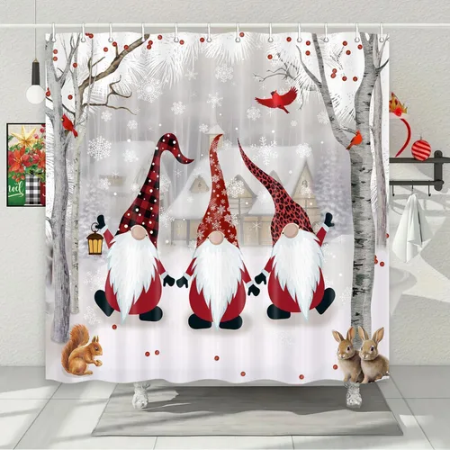 Miniatura 3 de Christmas Shower Curtain Gnome Winter Shower Curtain Snowy Forest Birth Tree with Cute Fun Gnome Bath Curtain Xmas New Year Bathroom Decor Bathroom