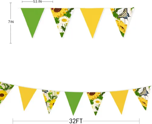 Miniatura 7 de Banderín amarillo y verde de 32 pies con banderines de tela de girasol, mariposa, triangular, guirnalda para decoración de fiesta de primavera