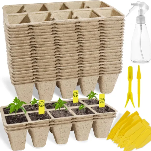 Bandejas de inicio de plántulas de 200 celdas con agujeros de drenaje, 20 macetas de turba biodegradables, kit de inicio de plántulas, bandejas de