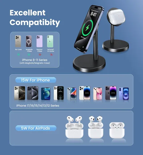 Miniatura 3 de Cargador inalámbrico magnético para iPhone, soporte de cargador rápido Mag-Safe de 15 W para iPhone 17/17 Air/17 Pro/17 Pro Max 16/15/14/13/12