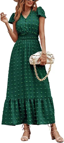 PRETTYGARDEN - Vestido bohemio de manga corta con cuello en V y plumetí con volantes, vestido maxi fruncido de cóctel