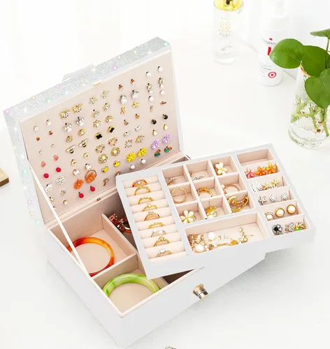Miniatura 160 de Joyero de pendientes para mujeres y niñas, organizador de aretes de 5 capas, caja organizadora de joyas blanca con candado, collares y aretes