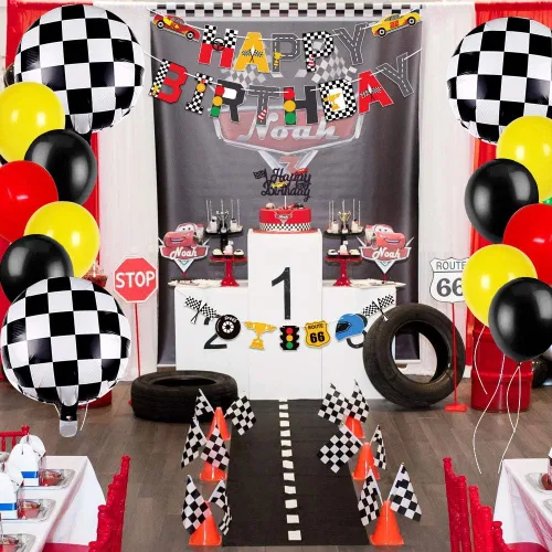 Miniatura 7 de Hot Wheels - Suministros para fiesta de cumpleaños de coche de carreras, bandera, decoración de pastel, bandera a cuadros, temática de carreras