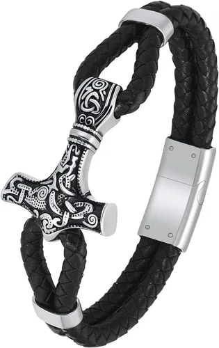 constantlife Viking Thor's Hammer - Pulsera de cremación para cenizas para hombres, pulsera de cuero trenzado, brazalete conmemorativo de urna
