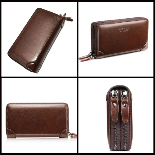Miniatura 7 de Bolso de mano para hombre bolso de cuero genuino con cremallera cartera larga para negocios bolso de mano grande