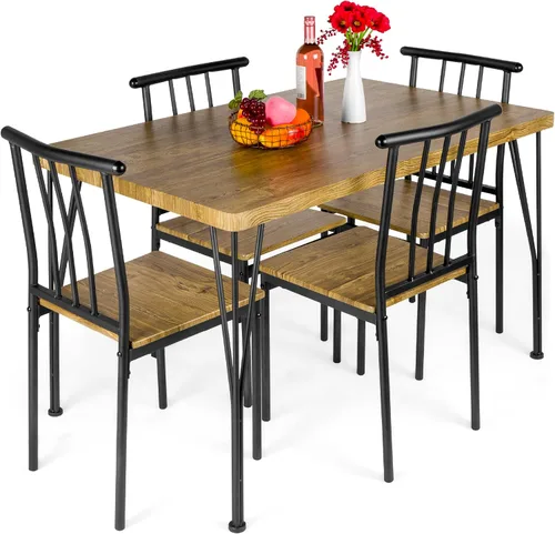 Miniatura 9 de Best Choice Products Juego de 5 muebles de mesa de comedor rectangulares modernos de metal y madera para interiores, para cocina, comedor, rincón