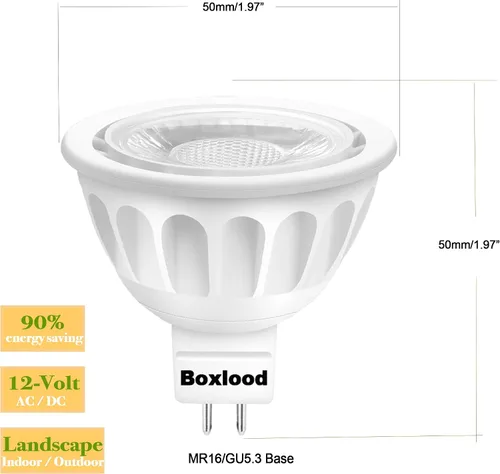 Miniatura 2 de Boxlood Bombilla LED MR16 no regulable, 90% de ahorro de energía, 6000 K blanco frío (luz diurna), 40 grados, CA/CC 12 V, 5 vatios, equivalente a