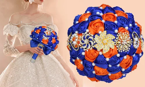 Miniatura 3 de XINNI Broche de oro de lujo de 8 pulgadas, ramo de boda nupcial para novia, dama de honor, ramo de rosas de satén con perlas, color negro y gris