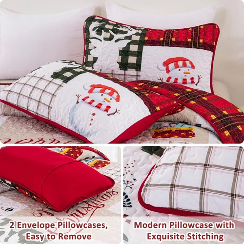 Miniatura 6 de Menghomeus Juego de edredón de Navidad tamaño king reversible, colcha a cuadros, rojo y verde, con retazos, juego de edredón de Navidad, árbol