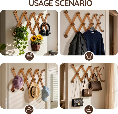 Miniatura 8 de WGFKVAS Perchero para sombreros de pared con 14 ganchos, de madera maciza, perchero expandible para colgar abrigos, sombreros, bolsos, gorras