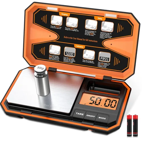 ORIA Báscula digital de bolsillo, 17.64 oz/0.00 oz de alta precisión de gramos con peso de calibración de 1.76 oz, función de tara, 6 unidades, mini