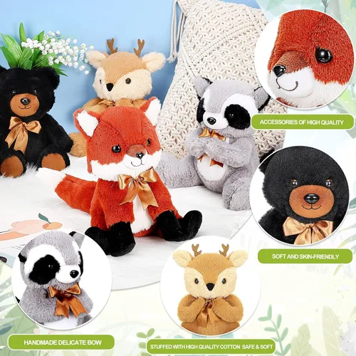 Miniatura 3 de Zomiboo Juego de 4 piezas de animales de peluche del bosque, de la selva, incluye peluche de alce, zorro, mapache, oso, realista, negro, animales