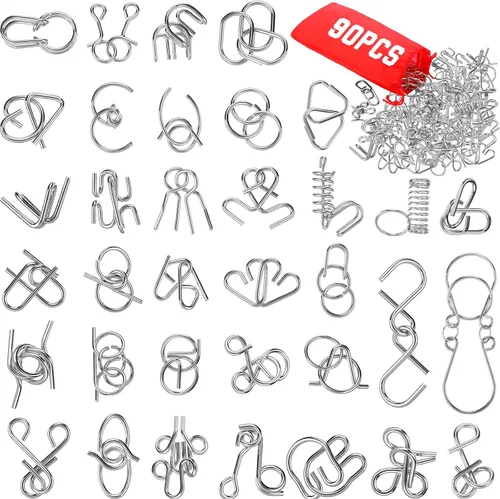 Juego de 90 rompecabezas de metal con bolsa, juegos de rompecabezas de acero, rompecabezas de física y mente de alambre de metal para adultos,