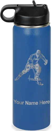 Miniatura 31 de LaserGram Botella de agua personalizada, jugador de hockey, acero inoxidable de doble pared aislada al vacío con popote superior, regalo grabado