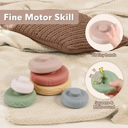 Miniatura 7 de BOBXIN Anillos apilables y anidados para bebés de 4.7 pulgadas, 6 piezas de silicona suave, apiladores de construcción circulares, juego de apretar