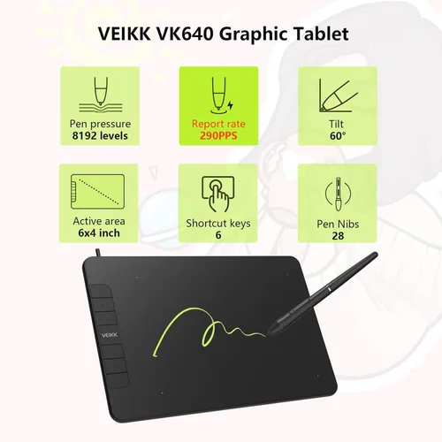 Miniatura 3 de VEIKK VK640 - Tableta gráfica gráfica digital de 6 x 4 pulgadas con 6 teclas de acceso rápido y soporte de inclinación 8192 bolígrafo sin batería
